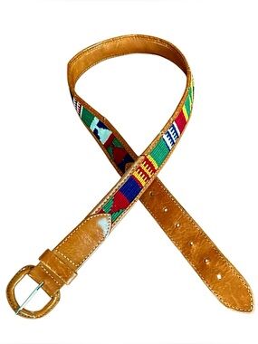 Guatemala Woven Multicolor Kente Leather Belt Size 30 Vintage Style Brown